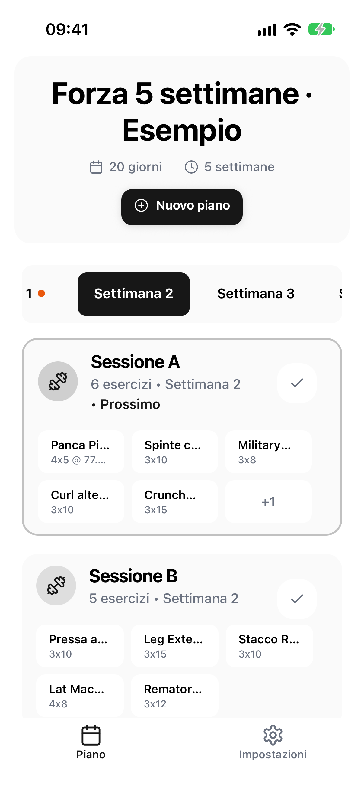 Schermata Piano dell'app per l'atleta, con dati di esempio: piano Forza 5 settimane · Esempio di 20 giorni e 5 settimane, Settimana 1 completata, Settimana 2 selezionata e Sessione A indicata come Prossimo.